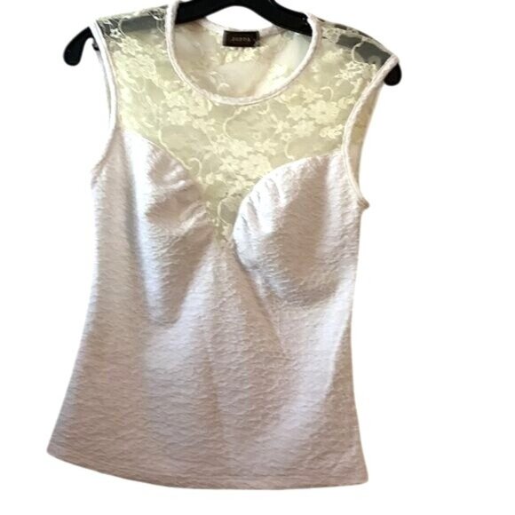 White Lace-Trim Sleeveless Top By Joppa Textured Fabric Size L Made In USA - Picture 1 of 8